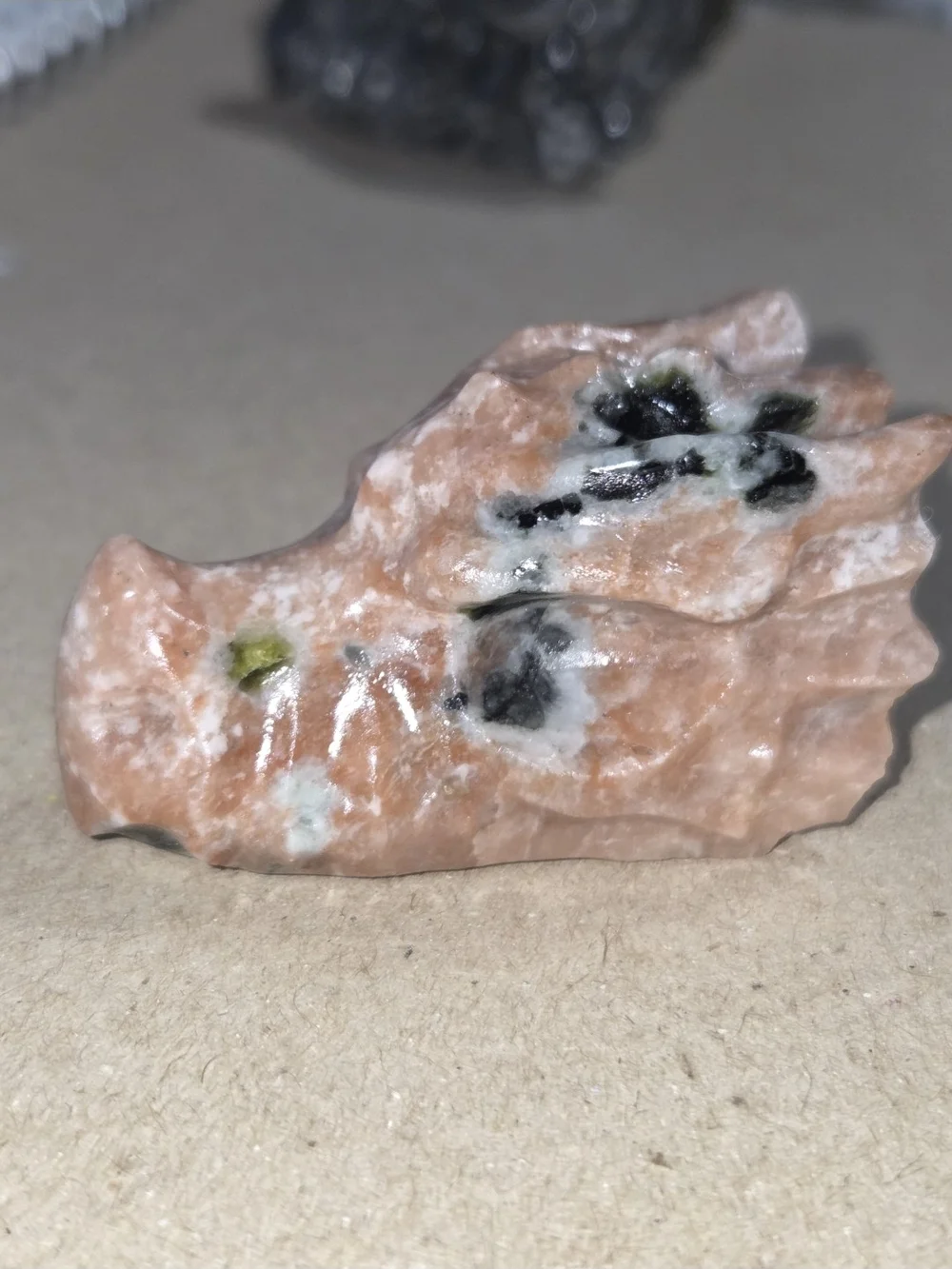 Detailed Peach Blossom Tourmaline Crystal Carved Dragon Head Stone Sculpture